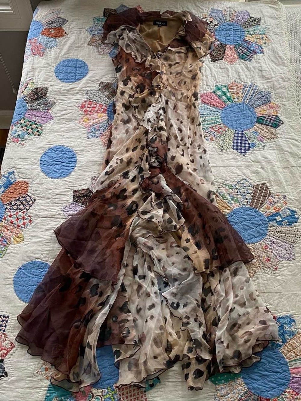 Bebe Fairycore Y2k Silk Brown Leopard Print Ruffle Maxi Dress Sz XXS